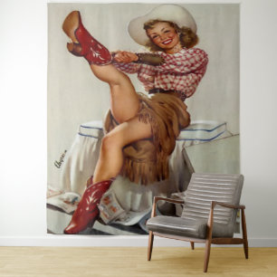 Tapiz Vintage Ovora Occidental Poniendo En Boots Rojos