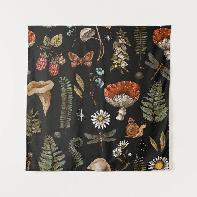 Tapiz Vintage woodland nature seamless pattern. Amanita  (Anverso)