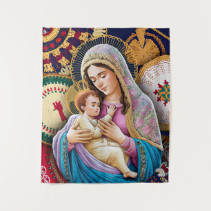 Tapiz Virgen María y el Niño Jesús en textiles bordados