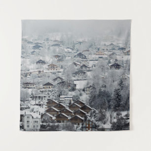 TAPIZ VISTA AÉREA DEL PUEBLO CUBIERTO DE NIEVE