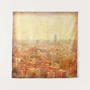 Tapiz Vista de Barcelona en estilo grunge y retro.