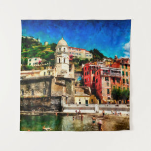 Tapiz Vista de Vernazza, Italia. Cono de pintura acuarel