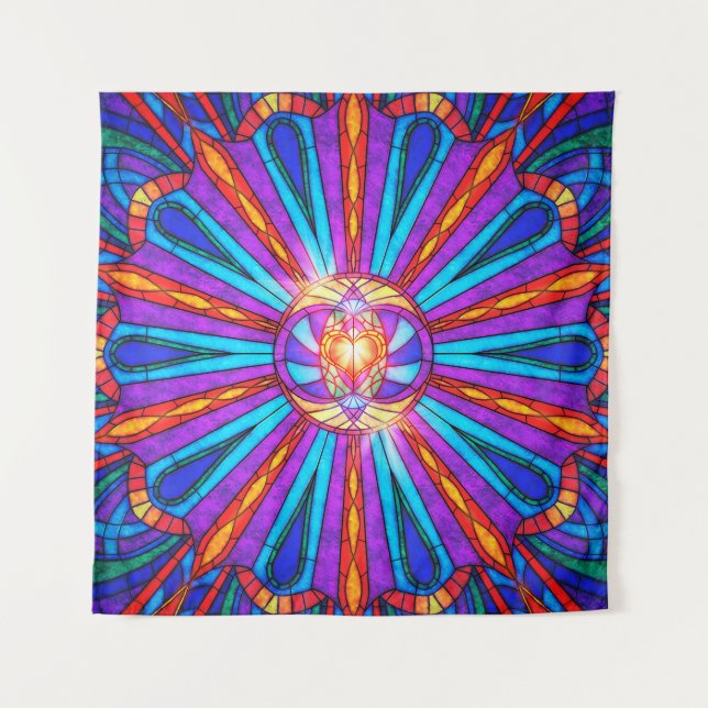Tapiz Vitral de la mandala del corazón - tapicería de la (Anverso)