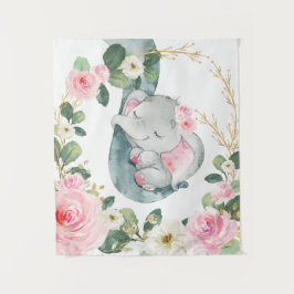 Tapiz Vivero de bebé elefante floral de oro rosa