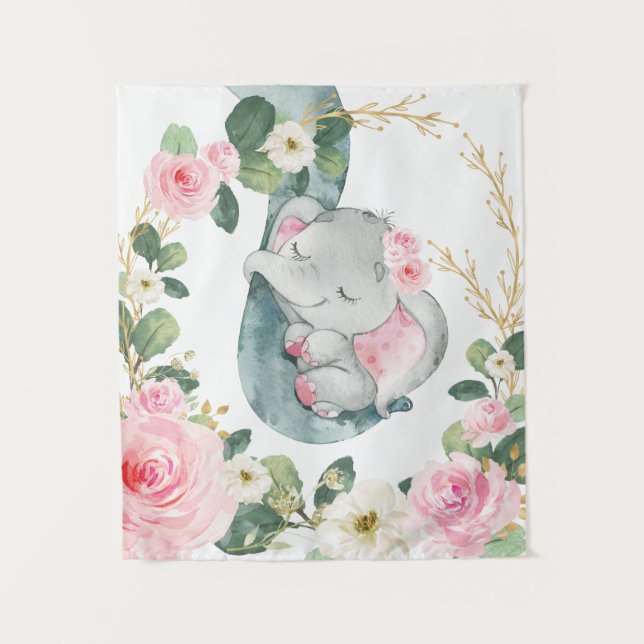 Tapiz Vivero de bebé elefante floral de oro rosa (Anverso)