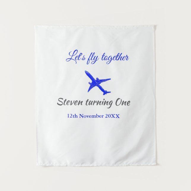 Tapiz Volemos juntos primer cumpleaños avión azul platea (Anverso)