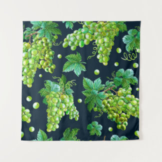 Tapiz Watercolor green grape, leaves on dark background.