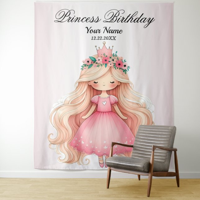 Tapiz Watercolor Pink Princess Birday Party Cute (In situ)