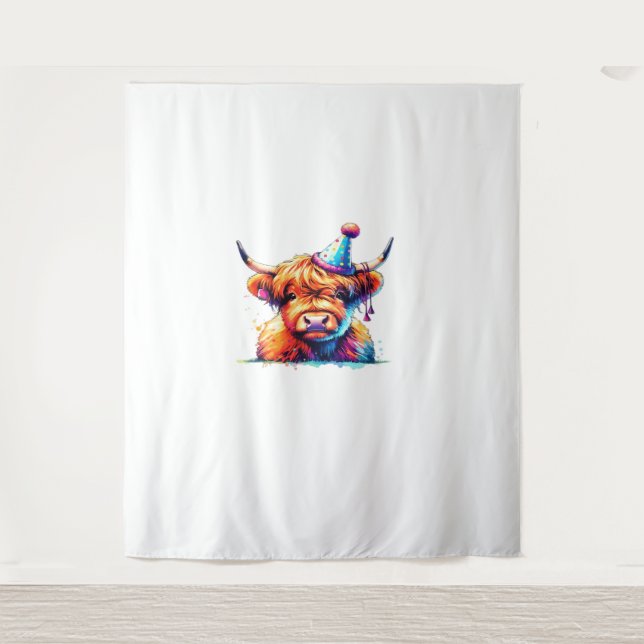 Tapiz Watercolor Scottish Highland Cow Birthday Essentia (Anverso)