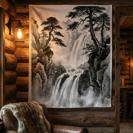Tapiz Waterfall Tapestry | Black & White Mountain Art