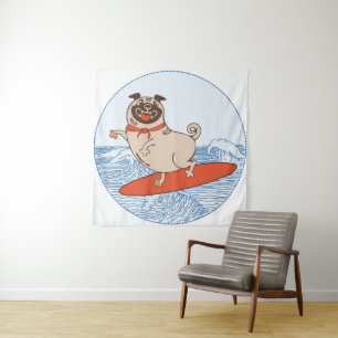 Tapiz Wave riding happy pug dog on surfboard 