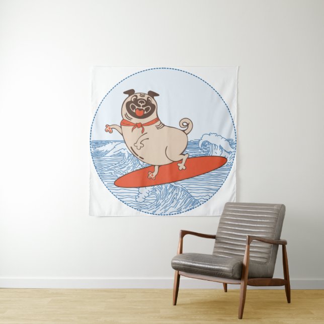 Tapiz Wave riding happy pug dog on surfboard  (In situ)