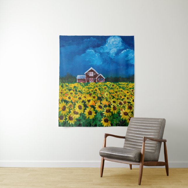 Tapiz western country red barn summer sunflower field (In situ)