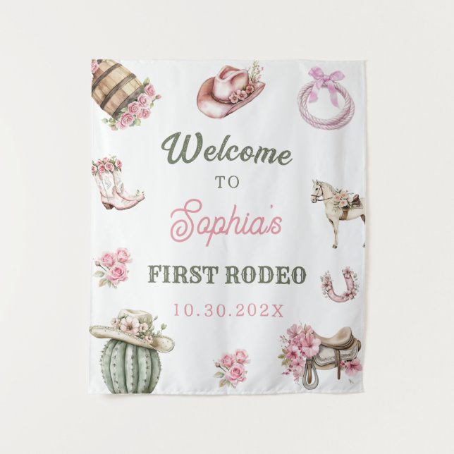 Tapiz Western Cowgirl First Rodeo Birthday Party (Anverso)