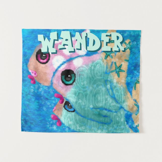 Tapiz Whimsical Abstract Fish Trio Blue Personalized (Anverso (horizontal))