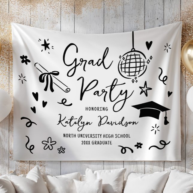 Tapiz Whimsical Black Doodle Custom Grad Party Backdrop (Subido por el creador)