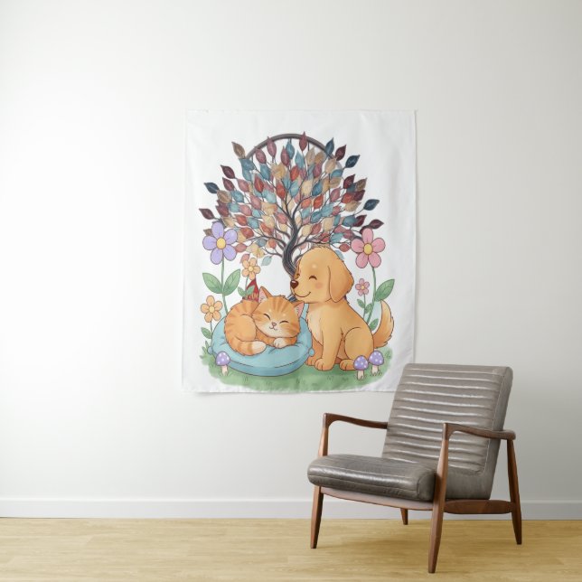 Tapiz Whimsical Dog & Cat Tapestry – Colorful Nature Wal (In situ)