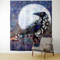 Whimsical Raven Moon Floral Azul Blanco Negro