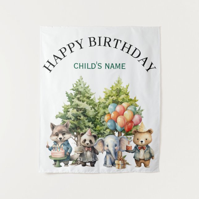 Tapiz Whimsical Watercolor Forest Birthday (Anverso)