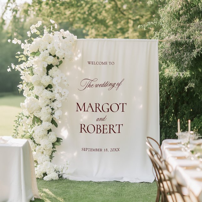 Tapiz White & Burgundy Wedding Welcome Sign Banner (White & Burgundy Wedding Welcome Sign Banner Tapestry)