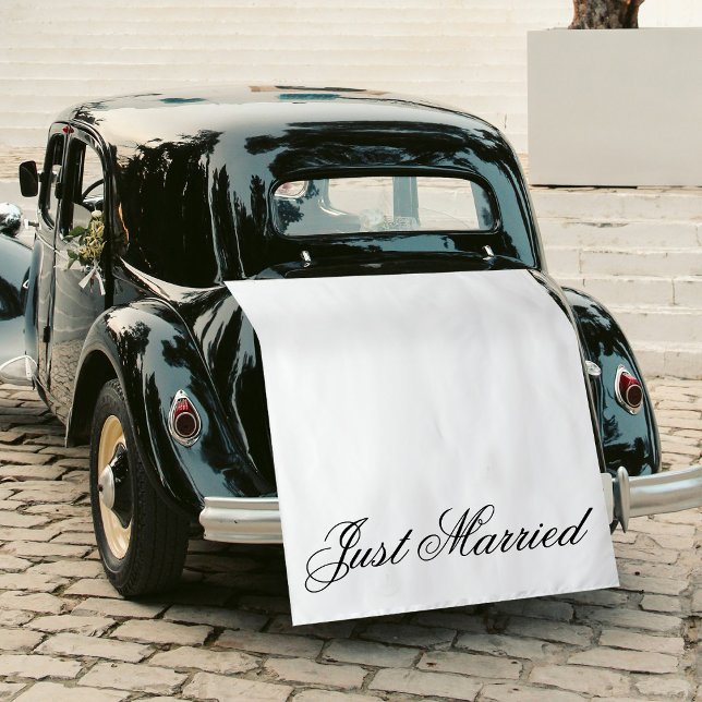 Tapiz White Just Married Fabric Car Wedding Banner Sign (White Just Married Fabric Car Wedding Banner Sign Tapestry)