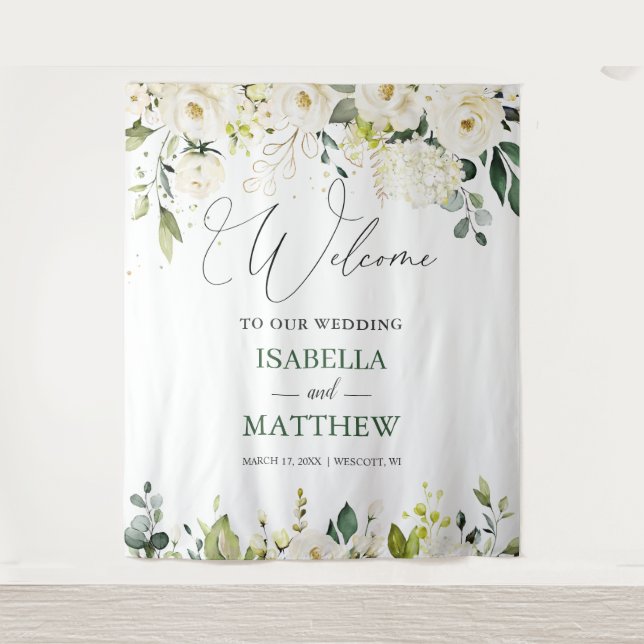 Tapiz White Roses Greenery Wedding Welcome Sign Tapestry (Anverso)
