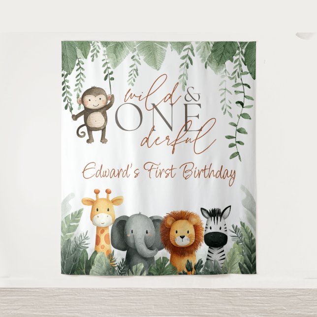 Tapiz Wild And Onederful Jungle 1st Birthday Backdrop (Anverso)