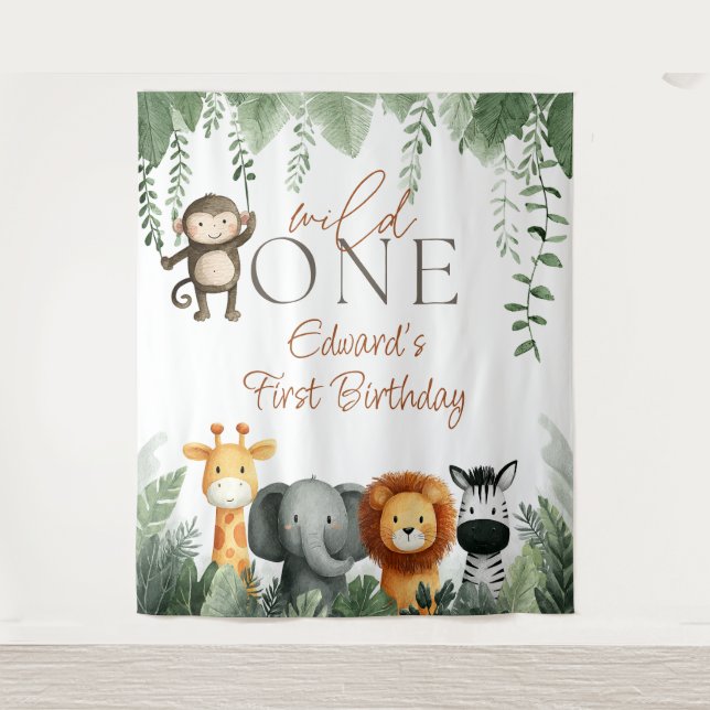 Tapiz Wild One Jungle 1st Birthday Photo Backdrop (Anverso)