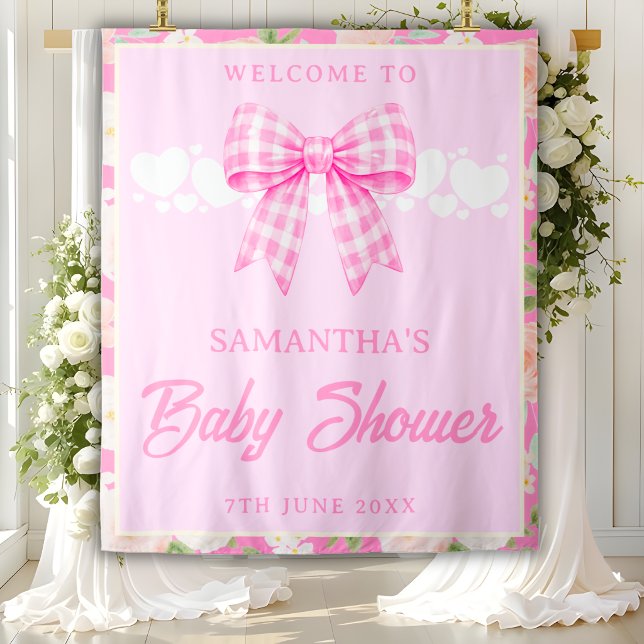 Tapiz Wildflower Pink Gingham Bow Baby Shower Backdrop (Subido por el creador)