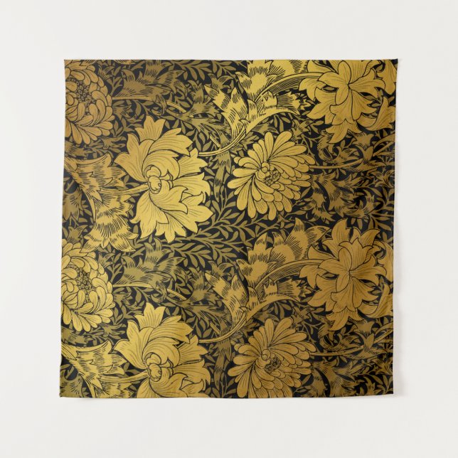 Tapiz William Morris Black & Gold Chrysanthemum Floral (Anverso (horizontal))