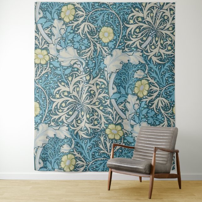 Tapiz William Morris, patrón Art Nouveau, algas, azul,f (In situ)