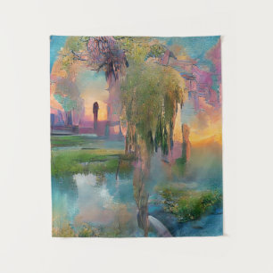 Tapiz Willow y la glicinia junto al estanque al atardece