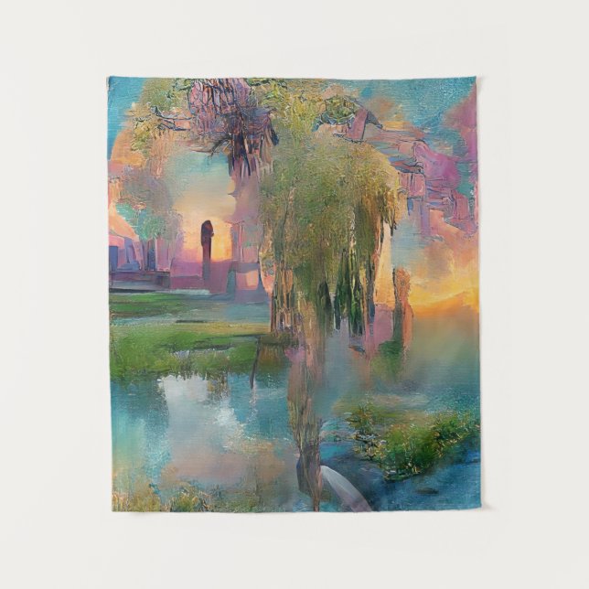 Tapiz Willow y la glicinia junto al estanque al atardece (Anverso)