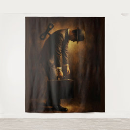 Tapiz Wind-Up Office Man Surreal Routine Grind Oil Paint