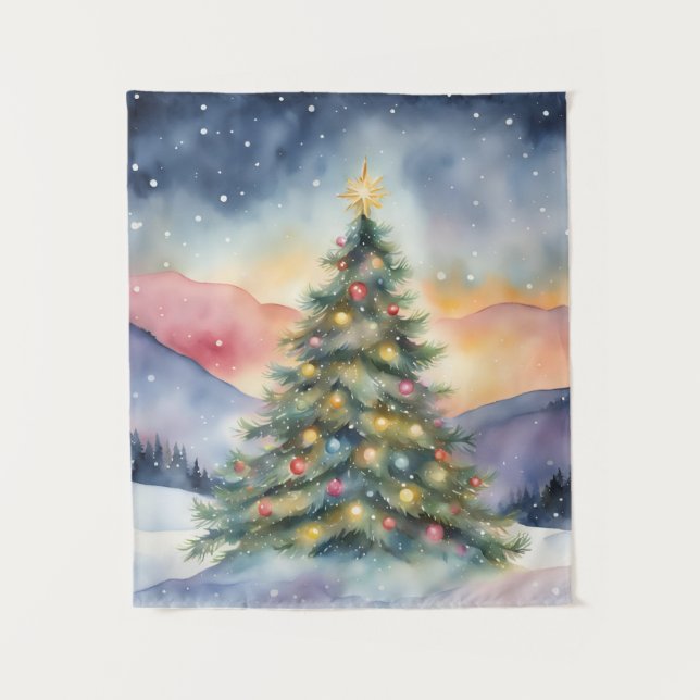 Tapiz Winter Christmas Tree Snowy Sunset Scenery (Anverso)