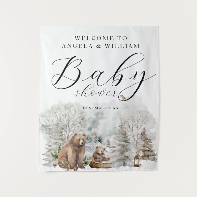 Tapiz Winter Forest Woodland Rustic Baby Shower Welcome (Anverso)