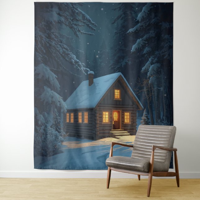 Tapiz “Winter Glow – Cozy Cabin in the Snow Poster (In situ)