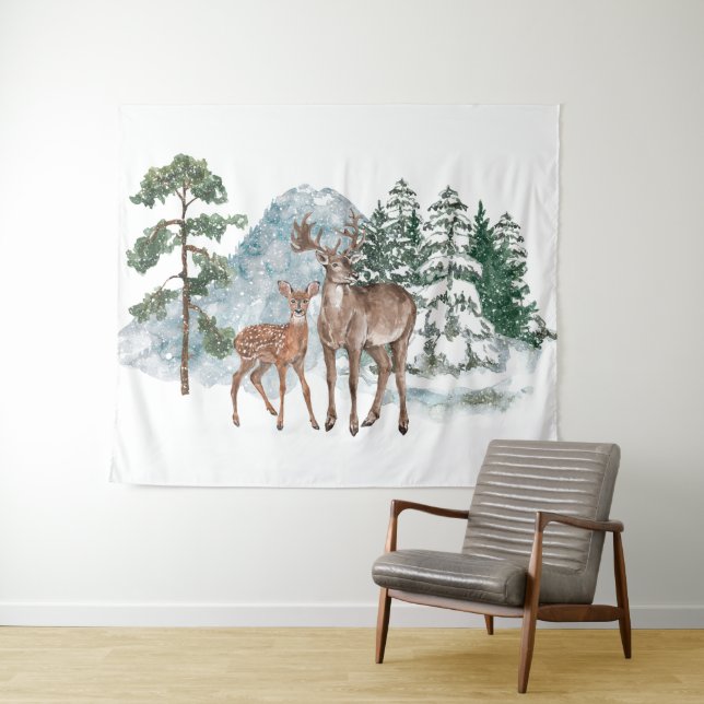 Tapiz Winter Wonderland Dear y la nieve de pino cae (In situ (horizontal))