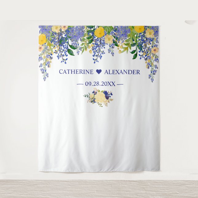 Tapiz Wisteria Boda floral azul y amarillo fondo (Anverso)
