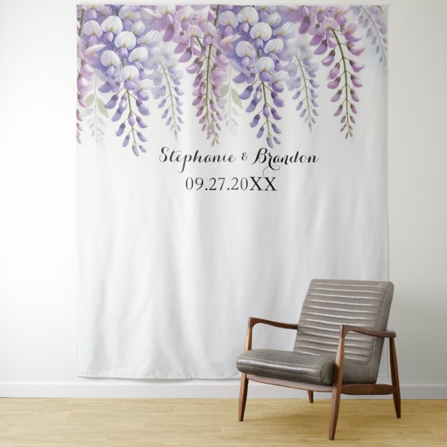 Tapiz Wisteria Morple Floral Boda Booth (In situ)