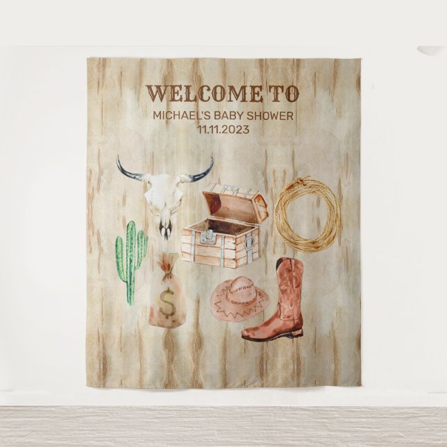 Tapiz Wood Cowboy Baby Shower welcome backdrop (Anverso)
