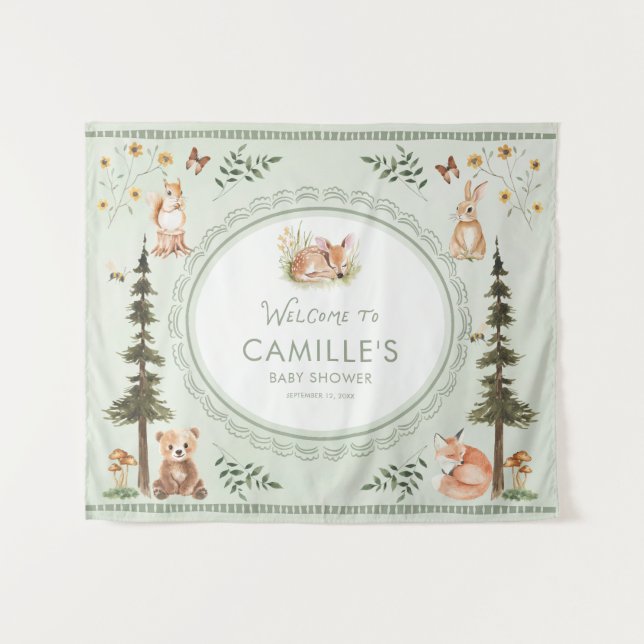 Tapiz Woodland Sage Green Baby Shower Welcome (Anverso (horizontal))