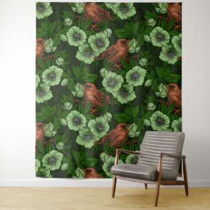 Tapiz Wren y hellebore en verde oscuro