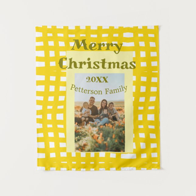 Tapiz Yellow white plaid retro Christmas holiday family  (Anverso)