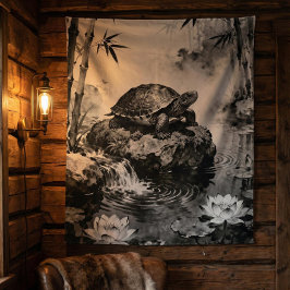 Tapiz Zen Turtle Tapestry | Lotus Pond Ink Art 