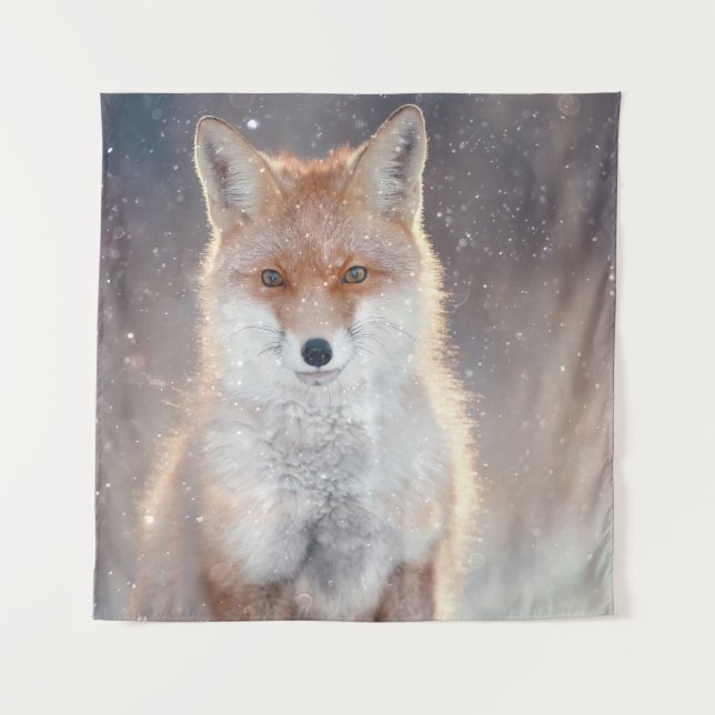 Tapiz zorro rojo, bosque de invierno, ilustracion pintor (Anverso)