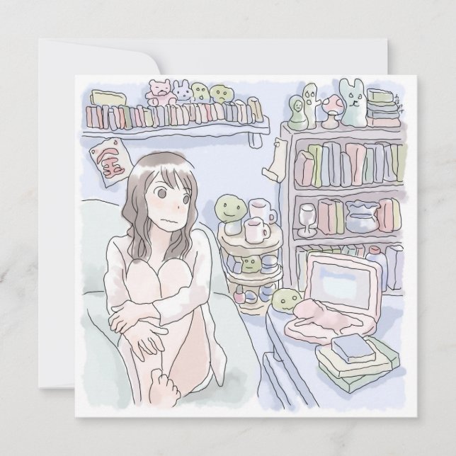 TARJETA さにさむじ　青いお部屋でソファに座ってぼんやりする女性のイラスト (Anverso)