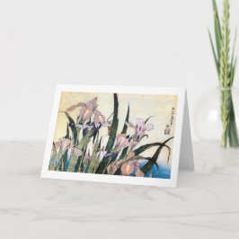 Tarjeta 杜若ときりぎりす, iris y saltamontes, Hokusai del 北斎