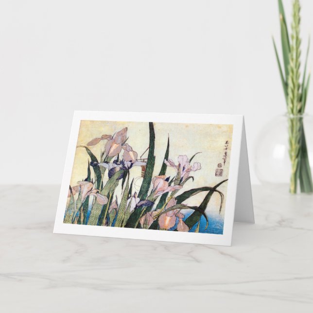 Tarjeta 杜若ときりぎりす, iris y saltamontes, Hokusai del 北斎 (Anverso)