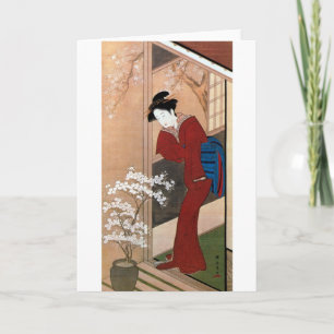 Tarjeta 桜の花と女, flores de cerezo y una mujer, Shunsho del